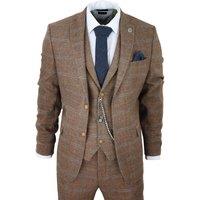 Infinity Leather Men's 3 Piece Wool Suit Tweed Herringbone Check Peaky Blinders Gatsby in Light Oak | Size: 38R