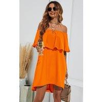 FS Collection Women's Bardot Frill Off-Shoulder Mini Dress In Orange | Size: XS