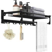 Costway Foldable Bathroom Towel Rack Wall Mounted Towel Shelf w/ Adjustable Towel Bar & Movable Hooks in Black | Size: 1040mm x 1190mm