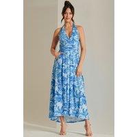 Jolie Moi Women's Plunge Neck Shirred Back Maxi Dress in Blue | Size: 16