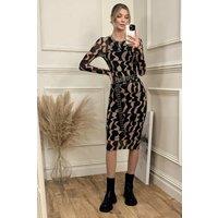 Jolie Moi Women's Print Long Sleeve Mesh Bodycon Dress in Brown | Size: 18