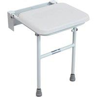 Loops Compact Folding Shower Seat with Support Legs - White Padded Seat - Wall Mounted