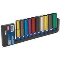 Loops 10 PACK Multi Colour DEEP Socket Set 1/2 Metric Square Drive - 6 Pt WallDrive