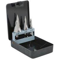 Loops 3 Piece HSS 4341 Spiral Flute Step Drill Bit - 3 Sizes - Precision Hole Drilling