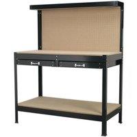 Loops 1.2m Workstation - Rear Panel Pegboard with 2x Draws & Storage Shelf - MDF Top