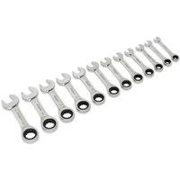 Loops 12pc STUBBY Short Ratchet Combination Spanner Set 12 Point Metric Ring Open Head