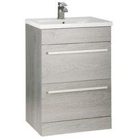 Clifton Silver Oak Bathroom 2 Drawer Standing Unit with Ceramic Basin 60cm Wide in Light Grey