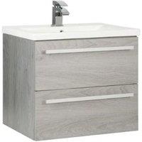 Clifton Silver Oak Bathroom 2 Drawer Hung Unit with Ceramic Basin 60cm Wide in Light Grey