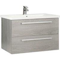 Clifton Silver Oak 2 Drawer Wall Hung Unit with Ceramic Basin 80cm Wide in Light Grey