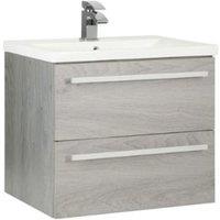 Clifton Silver Oak Bathroom 2 Drawer Wall Hung Unit with Ceramic Basin 60cm Wide in Light Grey