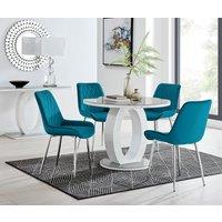 FurnitureboxUK Giovani Round 4 Seat 100cm White High Gloss Halo Base Grey Glass Top Dining Table 4 Soft Velvet Silver Leg Pesaro Chairs in Blue