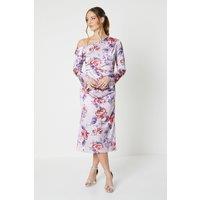 Floral Print Drape Satin Jacquard Midi Dress