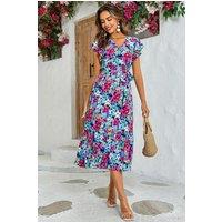 FS Collection Women's Multi Colour Floral Print Wrap Top Dress In Navy | Size: XS