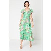 Oasis Women's Occasion Ruffle Sleeve Jacquard Midi Dress in Green | Size: 10