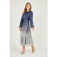 Yumi Women's Navy & Silver Sequin Ombre Long Sleeve Midi Dress | Size: 8