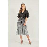 Yumi Women's Black & Silver Ombre Sequin Midi Wrap Dress | Size: 10