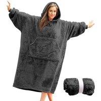 Oversized grey womens Fleece Hoodie Blanket Giant Wearable Adults plush sherpa pjamas