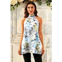 FS Collection Women's Floral Print Halter Neck Tie Back Top In Grey Blue | Size: XS