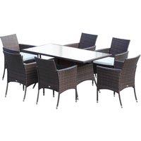 OUTSUNNY 6 Seater Rattan Dining Set with Cushions Glass Top Table, Garden Furniture Set in Brown