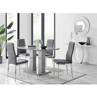FurnitureboxUK Imperia Grey High Gloss 4 Seater Dining Table with Structural 2 Plinth Column Legs 4 Soft Velvet Silver Leg Milan Chairs