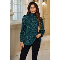 FS Collection Women's Polka Dot Print Long Sleeve Back Tie Blouse Top In Green | Size: Small