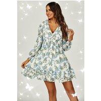 FS Collection Women's Floral Print ruffle Hem long sleeve Mini Dress In White | Size: XL