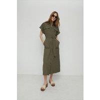 Linen Mix Utility Pocket Midi Shirt Dress