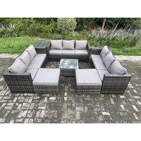 Outdoor Rattan Garden Furniture Set 11 Seater Patio Lounge Sofa Set with Side Table Square Coffee Table 2 Big Footstool
