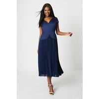 Pleated Skirt Overlay Bodice Midi Dress