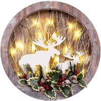 Shatchi B/O LED Wooden Reindeer Scene - Wreath Shape - D30xW4.5 in Brown