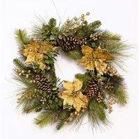 Shatchi 60cm Christmas Wreath with Gold Berries, Poinsettia, Eucalyptus Leaves, Pine Cones, Grapevine