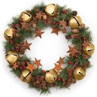 Shatchi 40cm Christmas Wreath with Jingle Bells Stars Pine Cones Berries Leaves for Outdoor in Gold