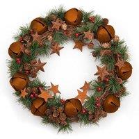Shatchi 40cm Christmas Wreath with Jingle Bells Stars Pine Cones Berries Leaves for Outdoor in Brown