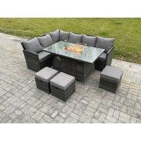 Fimous Rattan Garden Furniture High Back Corner Sofa Gas Fire Pit Dining Table Sets Gas Heater with 3 Small Footstools 9 Seater in Dark Grey