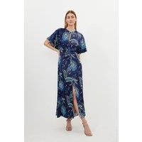 Floral Print Viscose Satin Batwing Midi Dress