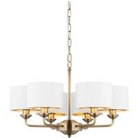 Netlighting Highclere Multi Arm Shade Pendant Ceiling Lamp Antique Brass Plate Vintage White Fabric in Gold