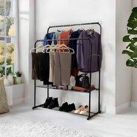 House of Home Double Clothes Rail with Shoe Rack Heavy Duty Metal Garment Hanger Hat Bag Hooks in Black