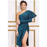 Goddiva Women's One Sleeve Frill Sparkling Midi Dress in Blue | Size: 12