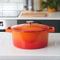 Cooks Professional Cast Iron Casserole Dish 26cm Oven Proof Enamelled Pan with Lid in Orange