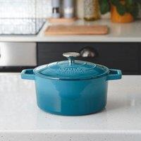 Cooks Professional Cast Iron Casserole Dish 26cm Oven Proof Enamelled Pan with Lid in Teal