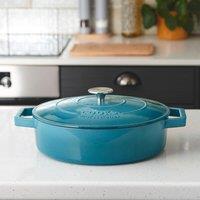 Cooks Professional Cast Iron Casserole Dish 28cm Oven Proof Enamelled Pan with Lid in Teal