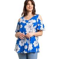 Roman Women's Curve Floral Print V-Neck Cold Shoulder Top in Royal | Size: 30-32