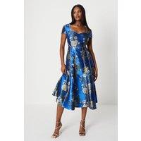 Jacquard Sweetheart Neckline Midi Dress With Piping