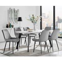 FurnitureboxUK Andria White Marble Effect & Black Leg 6 Seater Dining Table & 6 Pesaro Soft Velvet Chairs in Grey