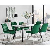 FurnitureboxUK Andria Marble Effect Dining Table With Black Legs & 6 Pesaro Velvet Silver Leg Chairs in Green