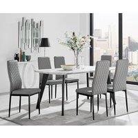 FurnitureboxUK Andria White Marble Effect & Black Leg 6 Seater Dining Table & 6 Milan Faux Leather Chairs in Grey
