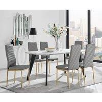 Andria Marble Effect Dining Table With Black Legs & 6 Milan Faux Leather Gold Leg Chairs