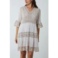 HOXTON GAL Women's Oversized 3/4 Sleeves Lace Detailed V Neck Mini Dress in Beige