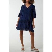 HOXTON GAL Women's Oversized 3/4 Sleeves Lace Detailed V Neck Mini Dress in Navy
