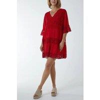 HOXTON GAL Women's Oversized 3/4 Sleeves Lace Detailed V Neck Mini Dress in Red